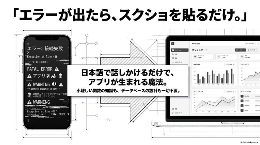 エラーが出たら、スクショを貼るだけ。日本語で話しかけるだけでアプリが生まれる魔法
