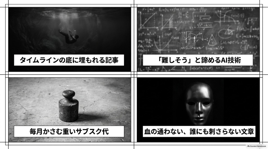 タイムラインの底に埋もれる記事・難しそうと諦めるAI技術・毎月かさむ重いサブスク代・血の通わない文章